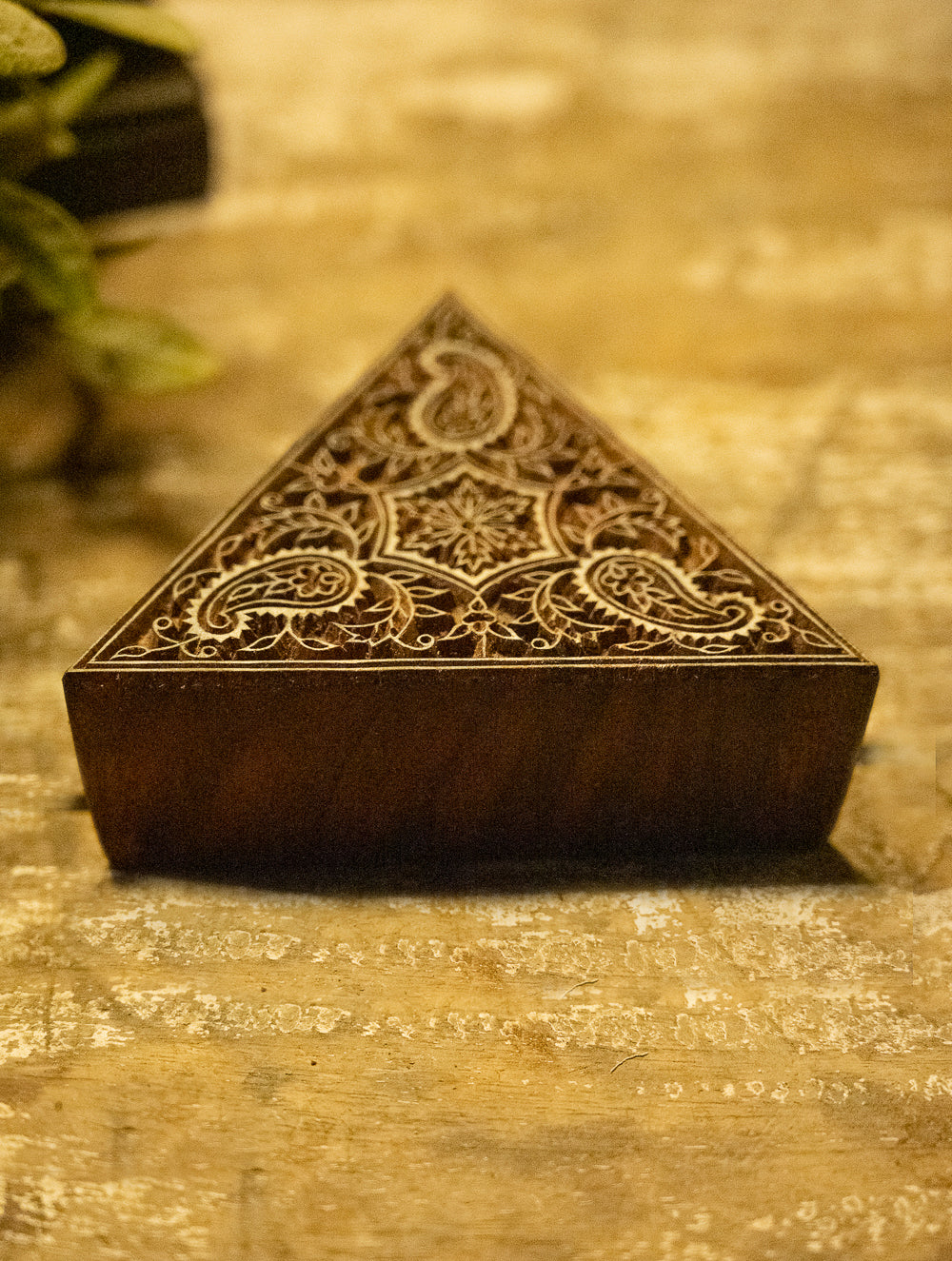 Nazakat. Exclusive, Fine Hand Engraved Wood Block Curio - The Triangle