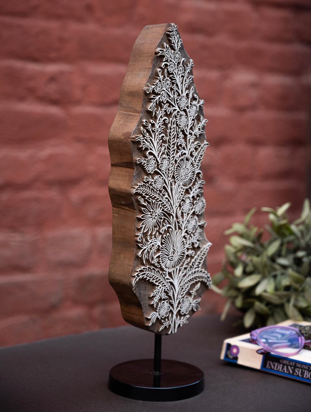 Nazakat. Exclusive, Fine Hand Engraved Wood Block Curio / Wall Piece - Guldasta