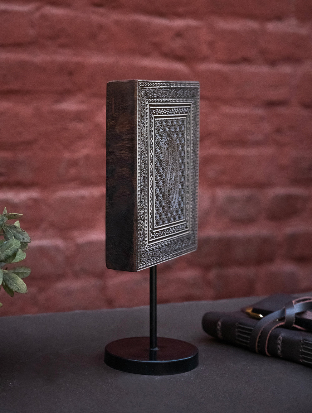 Nazakat. Exclusive, Fine Hand Engraved Wood Block Curio / Wall Piece - Paisley, Rectangular