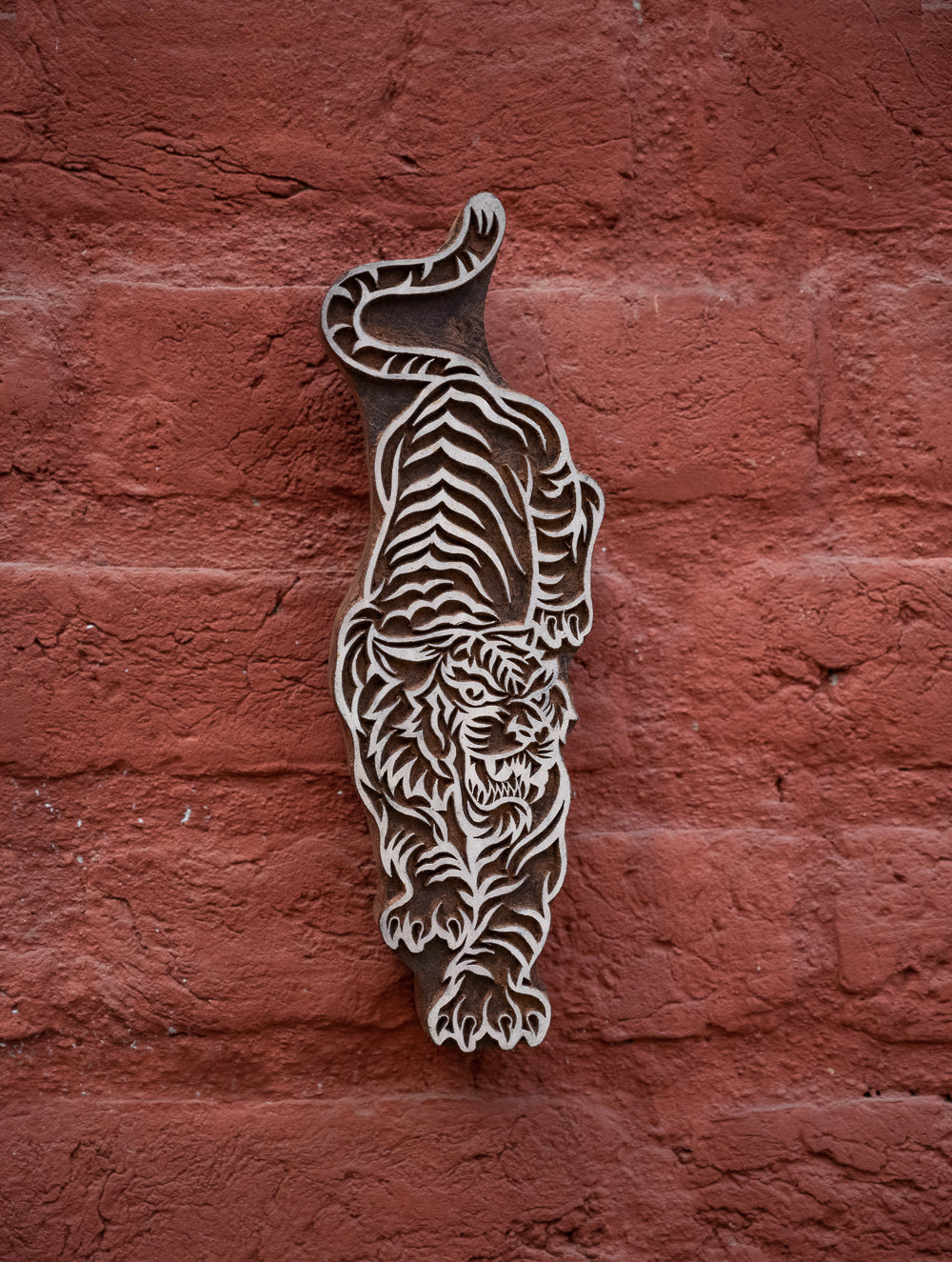 Nazakat. Exclusive, Fine Hand Engraved Wood Block Curio / Wall Piece - The Tiger