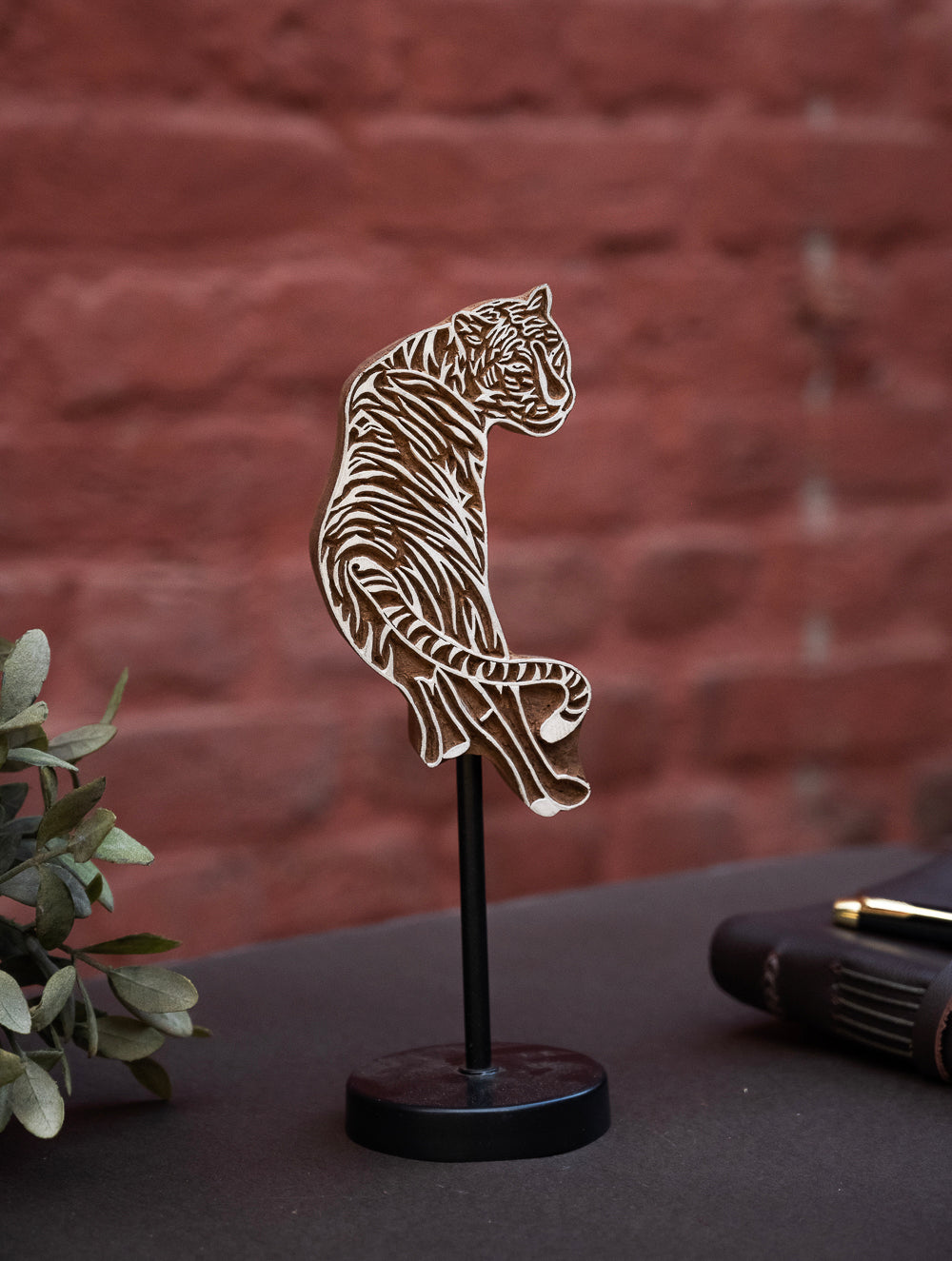 Nazakat. Exclusive, Fine Hand Engraved Wood Block Curio / Wall Piece - Tiger