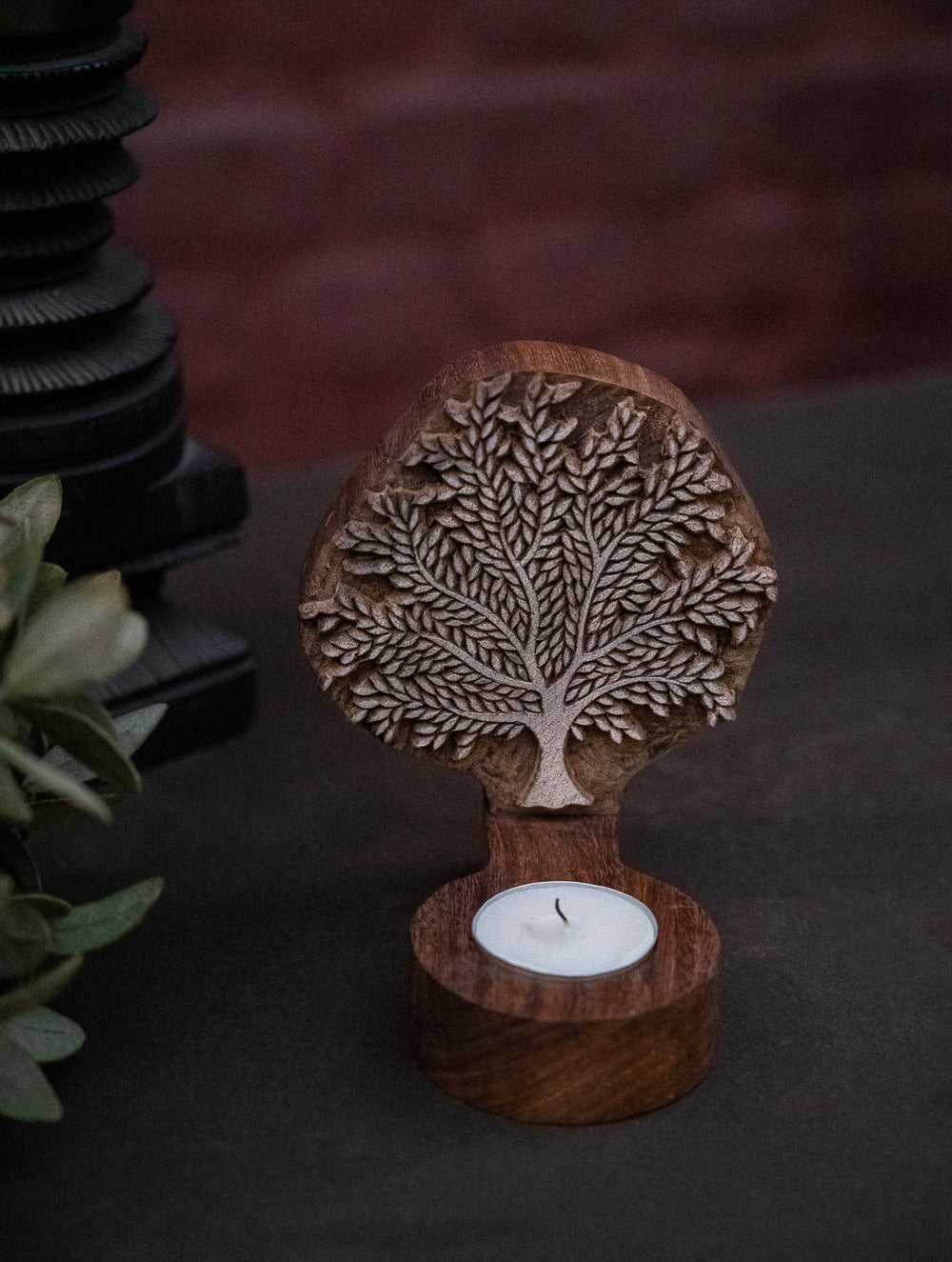 Nazakat. Exclusive, Fine Hand Engraved Wood Block Tealight Holder - The Tree Of Life