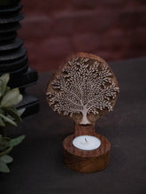 Nazakat. Exclusive, Fine Hand Engraved Wood Block Tealight Holder - The Tree Of Life