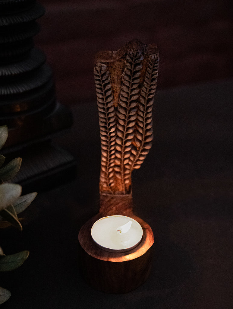 Nazakat. Exclusive, Fine Hand Engraved Wood Block Tealight Holder - Vines