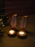 Nazakat. Exclusive, Fine Hand Engraved Wood Block Tealight Holders (Set of 2) - Leaf