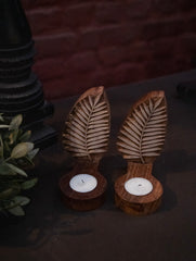 Nazakat. Exclusive, Fine Hand Engraved Wood Block Tealight Holders (Set of 2) - Leaf