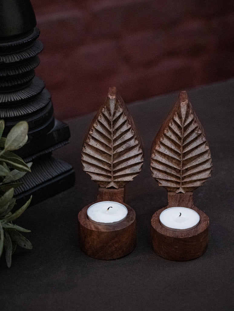 Nazakat. Exclusive, Fine Hand Engraved Wood Block Tealight Holders (Set of 2) - Leaves