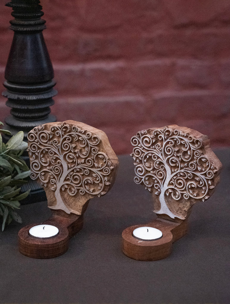 Nazakat. Exclusive, Fine Hand Engraved Wood Block Tealight Holders (Set of 2) - Tree Of Life