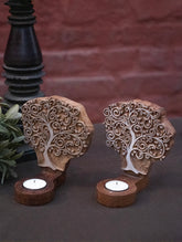 Nazakat. Exclusive, Fine Hand Engraved Wood Block Tealight Holders (Set of 2) - Tree Of Life
