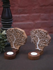 Nazakat. Exclusive, Fine Hand Engraved Wood Block Tealight Holders (Set of 2) - Tree Of Life