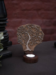 Nazakat. Exclusive, Fine Hand Engraved Wood Block Tealight Holders (Set of 2) - Tree Of Life
