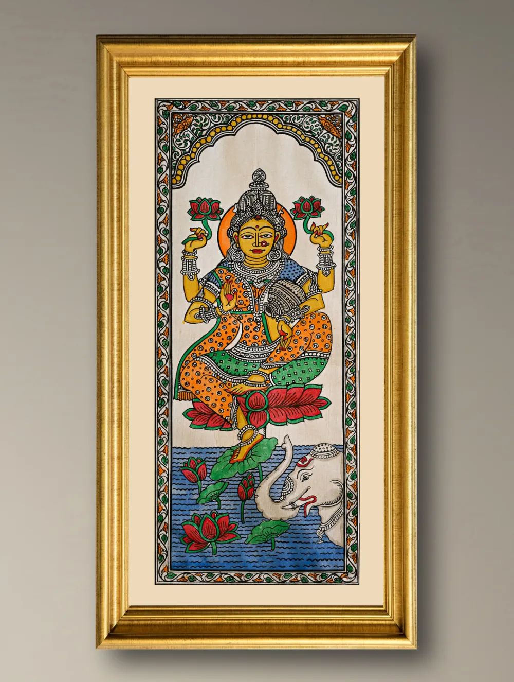 Handpainted Pattachitra Silk Painting - Kamala (Unframed with mount 20.5" X 9.5")
