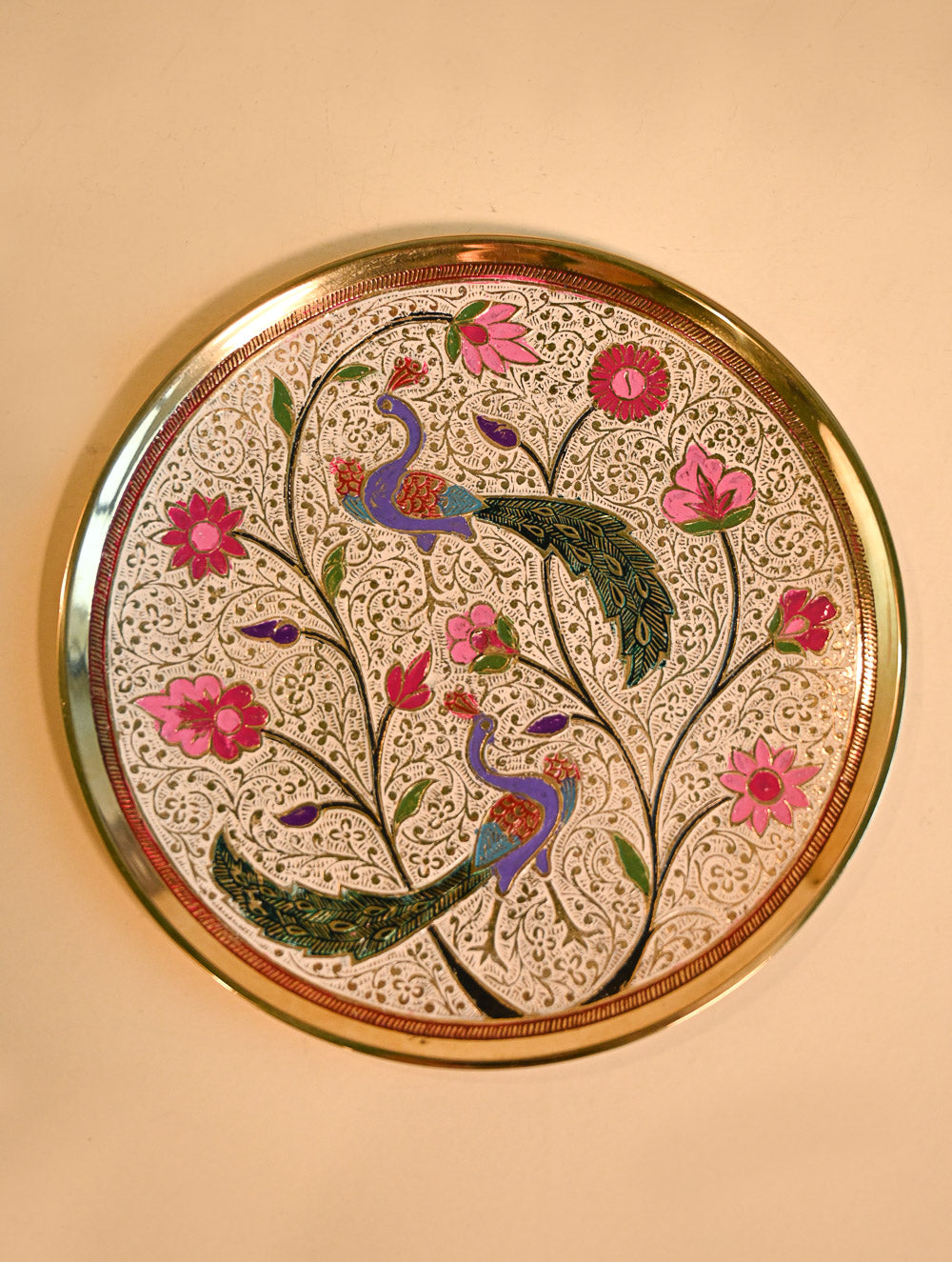 Brass Engraved Plate Curio - Peacock Garden