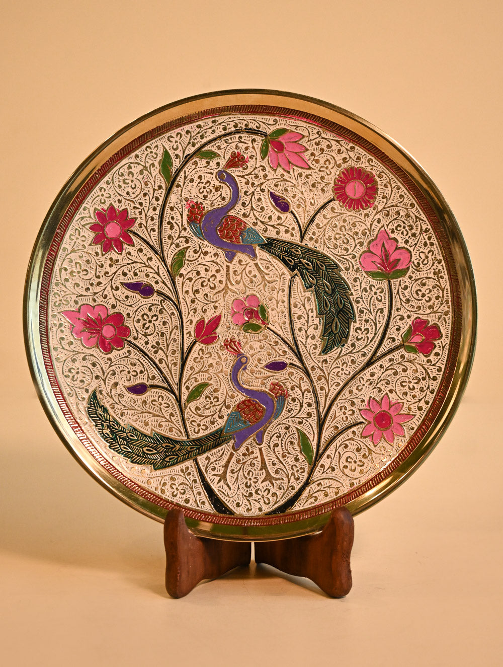 Brass Engraved Plate Curio - Peacock Garden