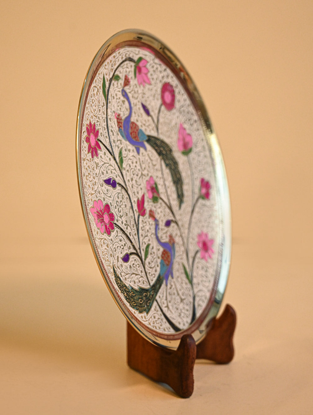 Brass Engraved Plate Curio - Peacock Garden