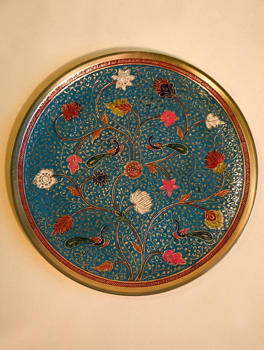 Brass Engraved Plate Curio - Azure Bloom