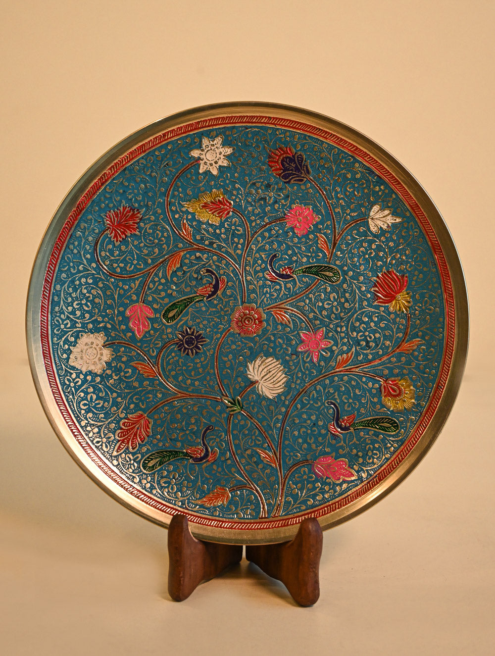 Brass Engraved Plate Curio - Azure Bloom