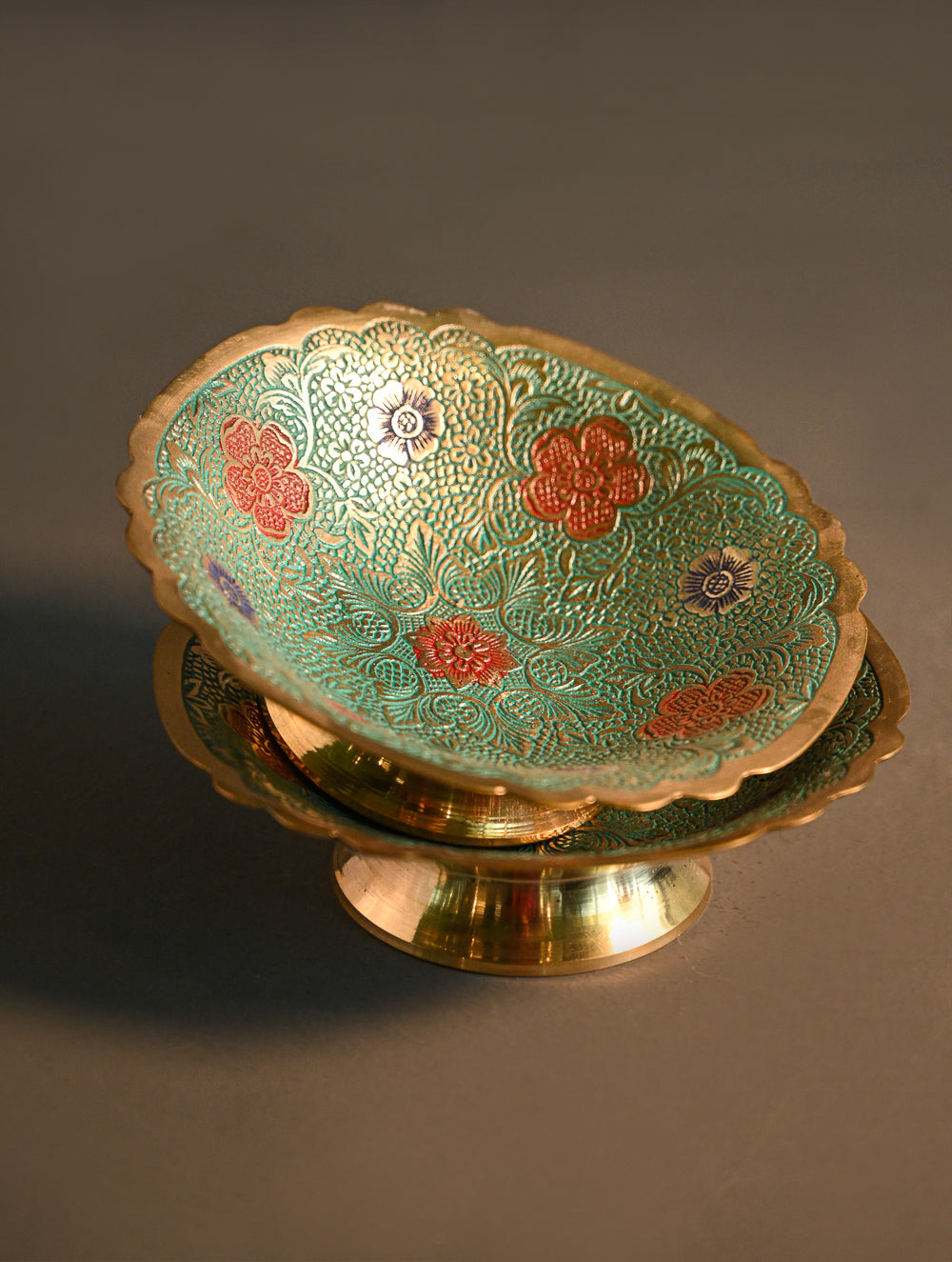 Brass Engraved Bowls - A Turquoise Garden (Set of 2)