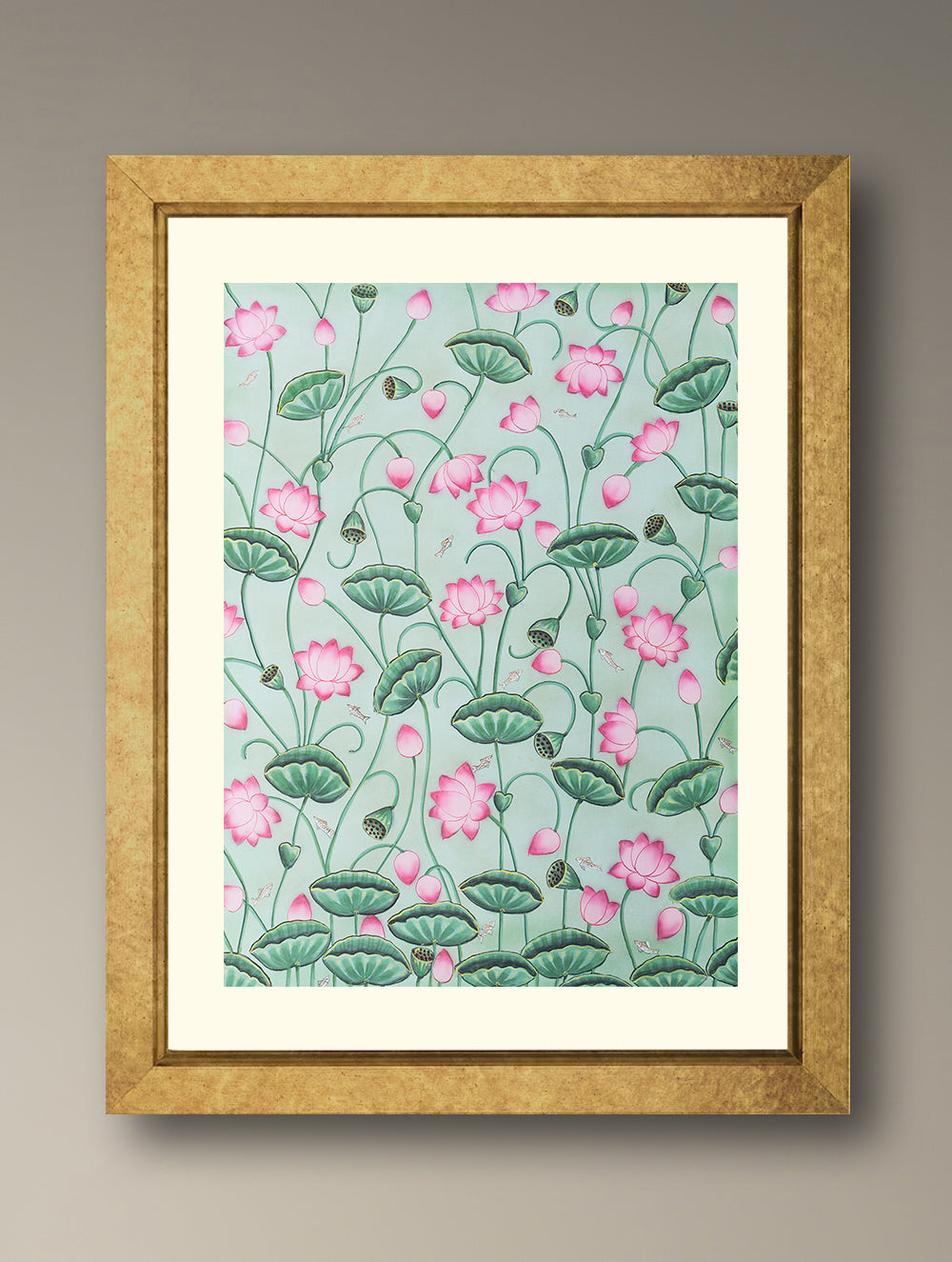 Pichwai Painting - Lotus Hymns - Sage Mist (Unframed 24" x 18'')