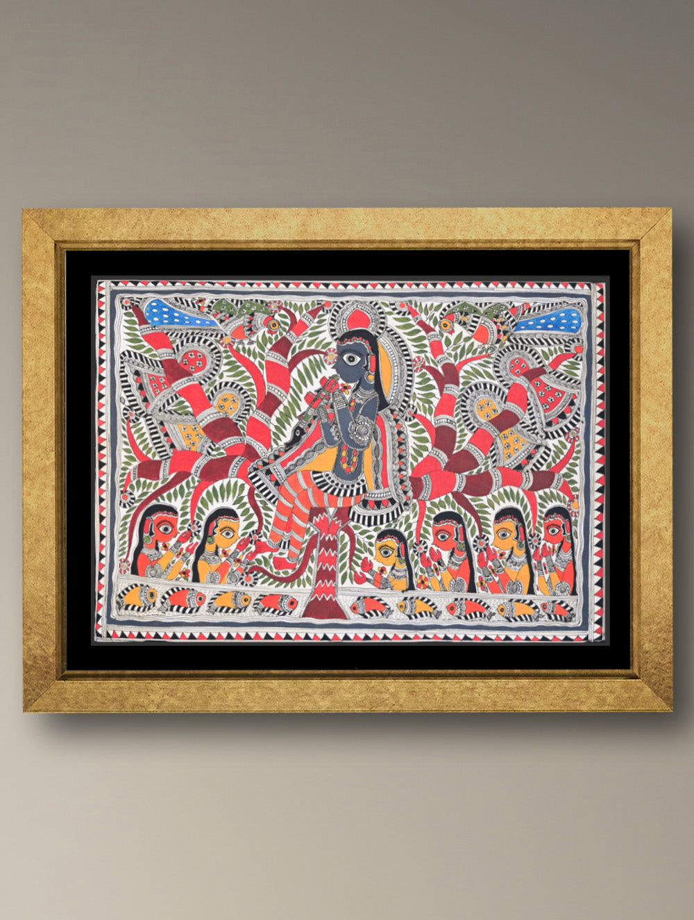 Handpainted Madhubani Painting - Krishna Vriksha Leela (Unframed - L 30 x W 22 inches)