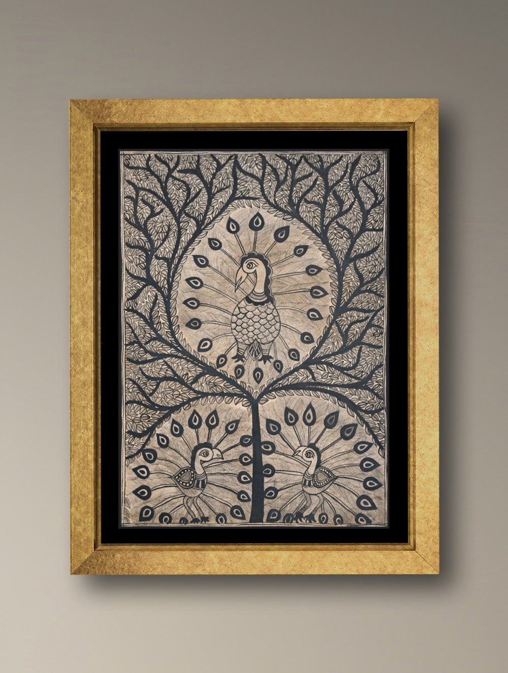 Handpainted Madhubani Painting - Mayur Vriksha Nach (Unframed - L 30 x W 22 inches)