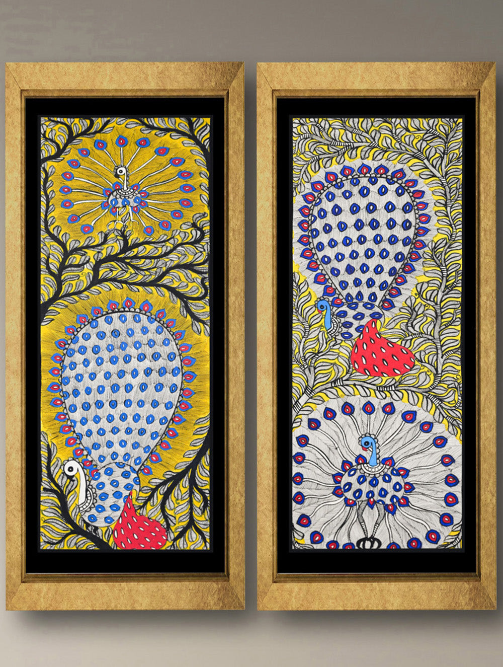 Handpainted Madhubani Painting (Set of 2) - Mayur Yugma (Unframed - L 22 x W 7 inches Each)