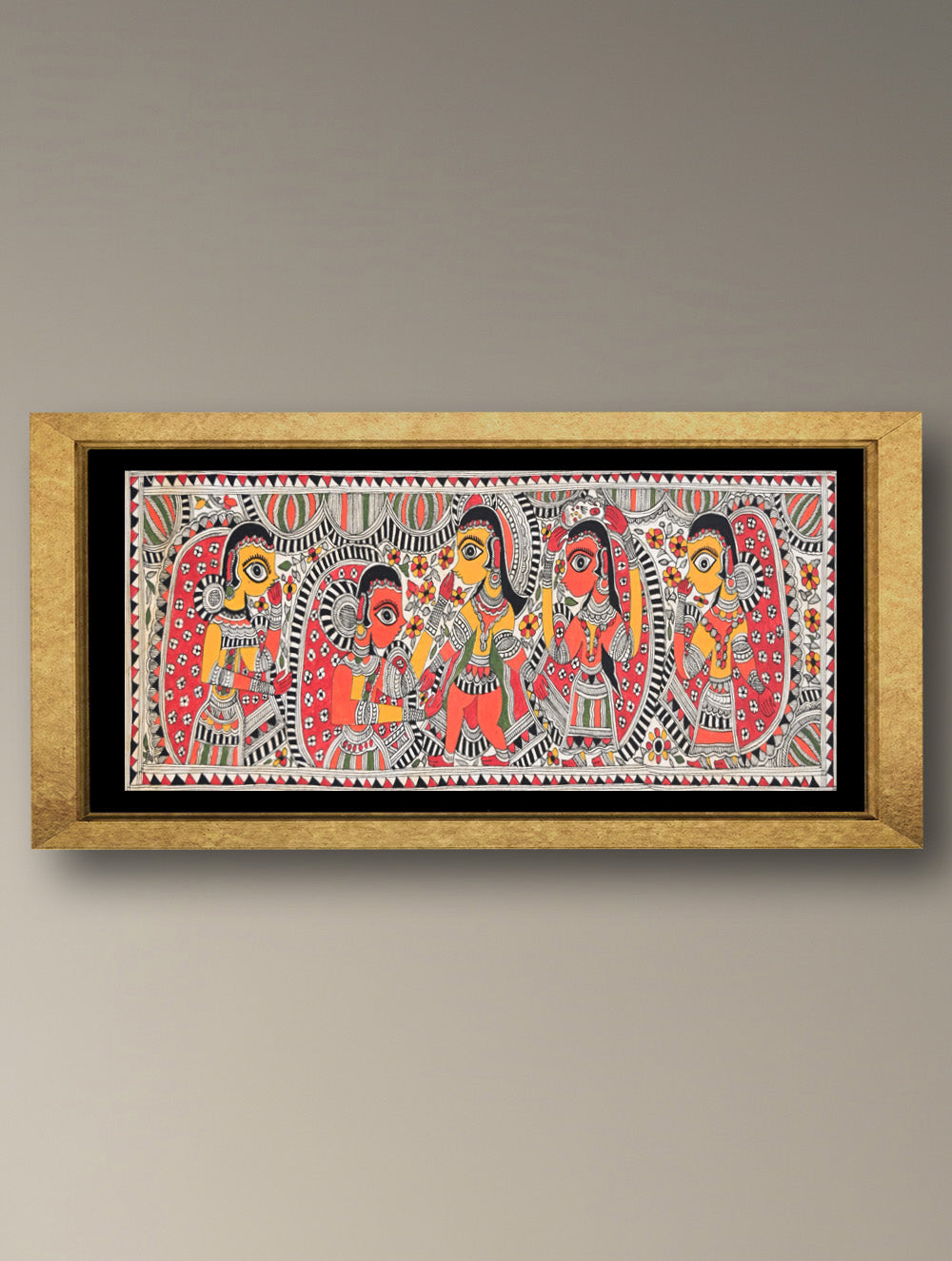 Handpainted Madhubani Painting - Mithila Rani Swagat (Unframed - L 30 x W 11 inches)