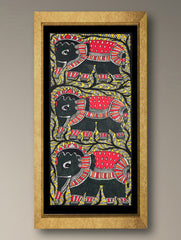 Handpainted Madhubani Painting - Elephant Family (Unframed - L 22 x W 11 inches)
