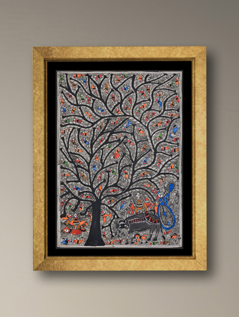 Handpainted Madhubani Painting - Jeev Vriksha Leela (Unframed - L 22 x W 15 inches)
