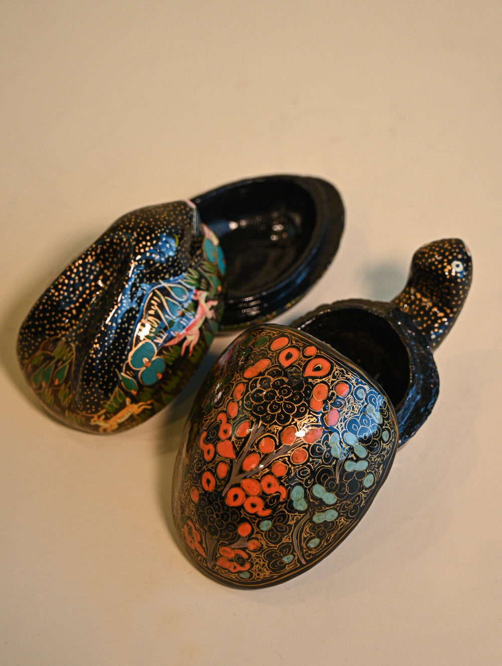 Handcrafted Kashmiri Art Tortoise Decorative Utility Boxes - Midnight Blooms Stars (Set of Two)