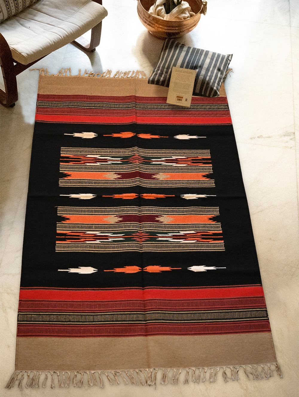 Handwoven Premium Cotton Warangal Dhurrie - Orugallu Rekha (L 5 ft x W 3 ft)