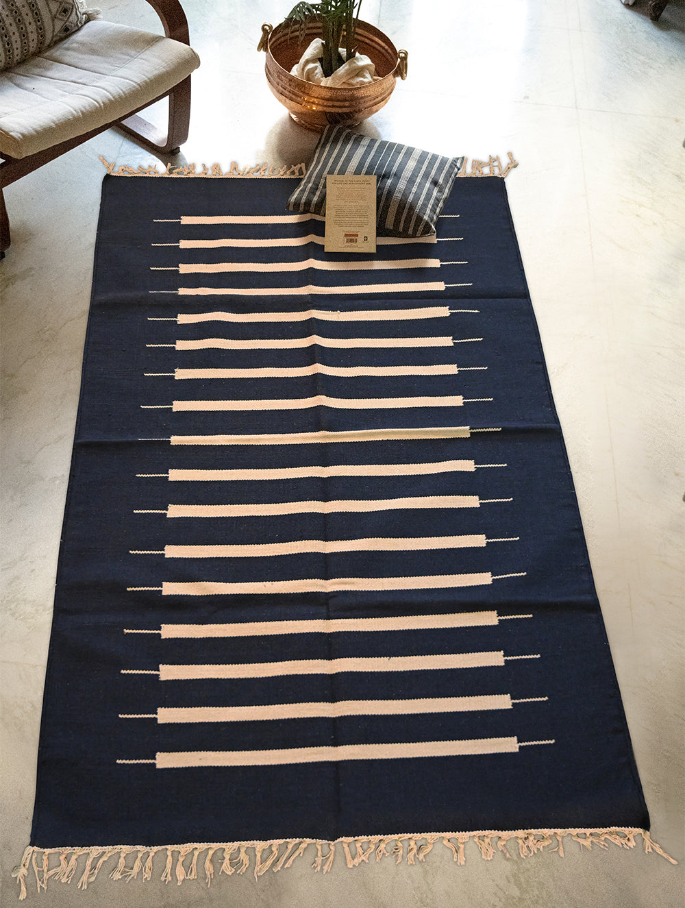 Handwoven Premium Cotton Warangal Dhurrie - Kakatiya Neel (L 5 ft x W 3 ft)