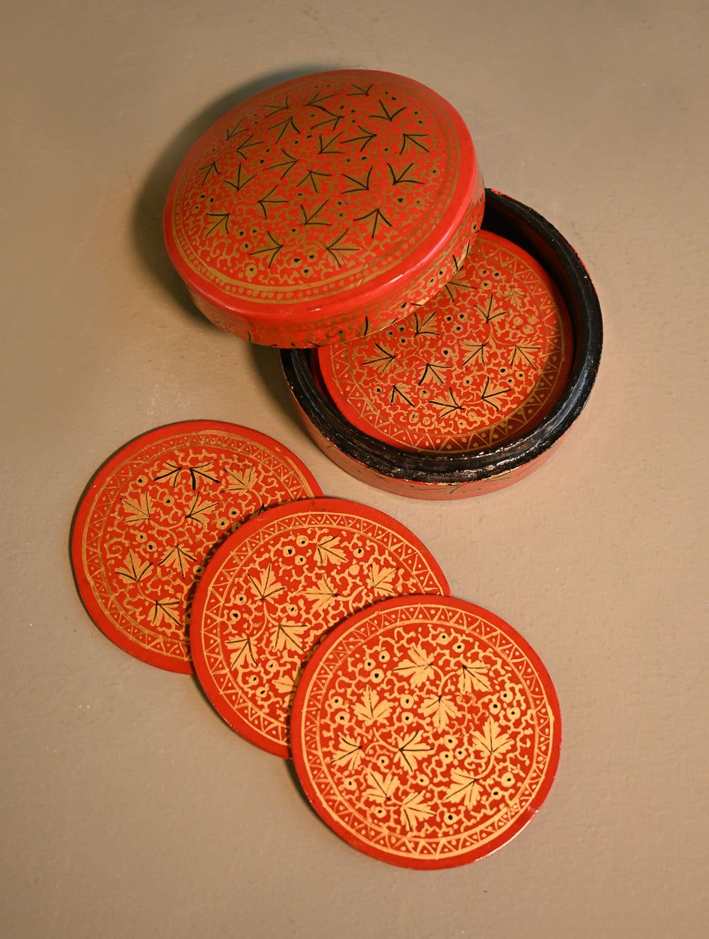Kashmiri Art Coaster Set with Box - Classic Red Floral (Set of 4)
