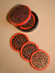 Kashmiri Art Coaster Set with Box - Red & Black Florets (Set of 4)