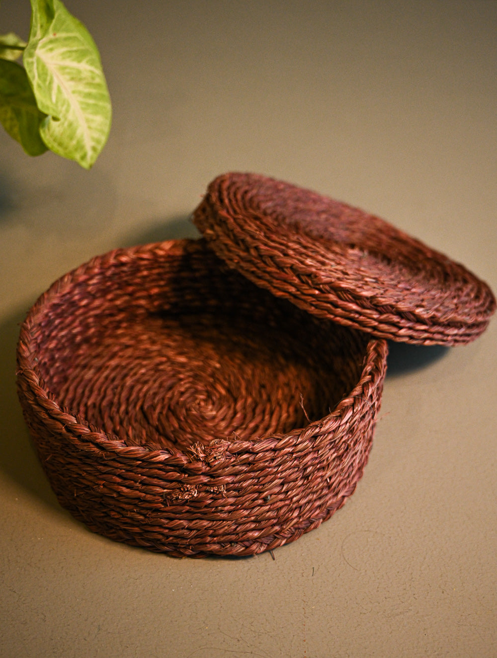Handcrafted Sabai Grass Round Multi-Utility Basket with Lid - Chocolate Brown