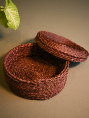 Handcrafted Sabai Grass Round Multi-Utility Basket with Lid - Chocolate Brown