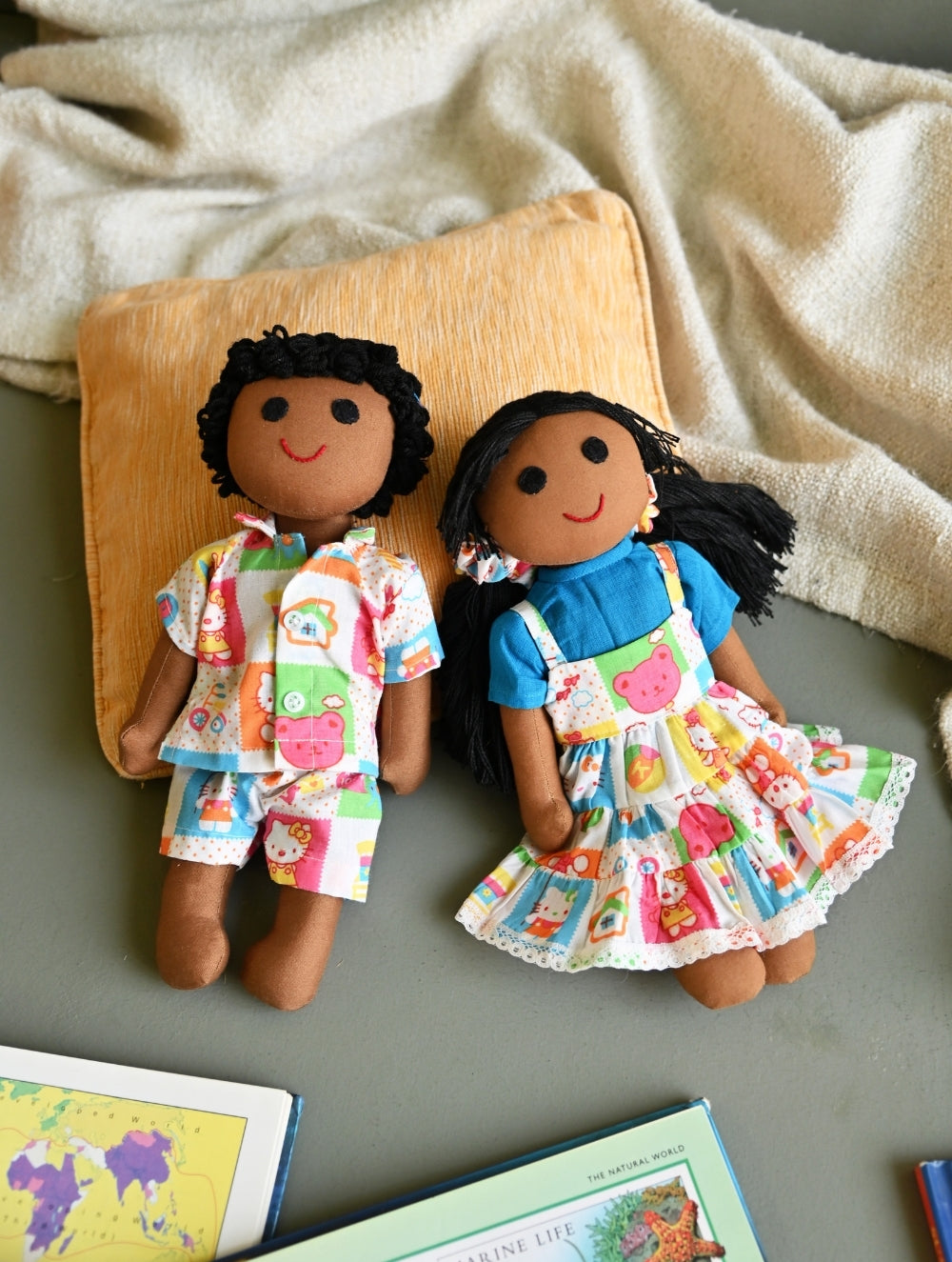 Artisan Handcrafted Indian Couple Fabric Dolls - Raj and Diya (Set of 2)
