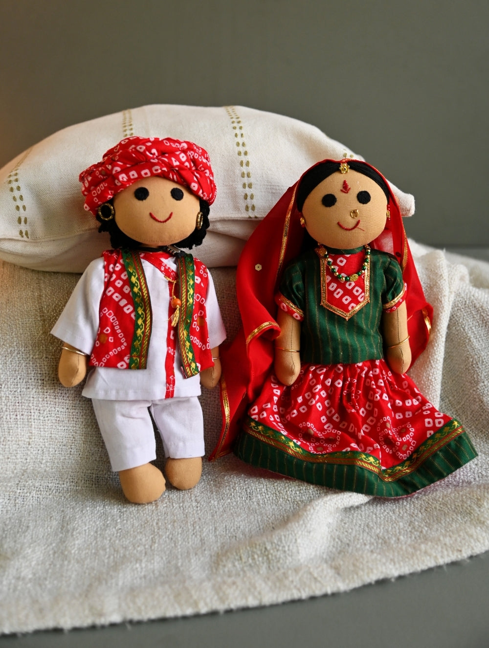 Artisan Handcrafted Indian Couple Fabric Dolls - Jai and Basanti (Set of 2)