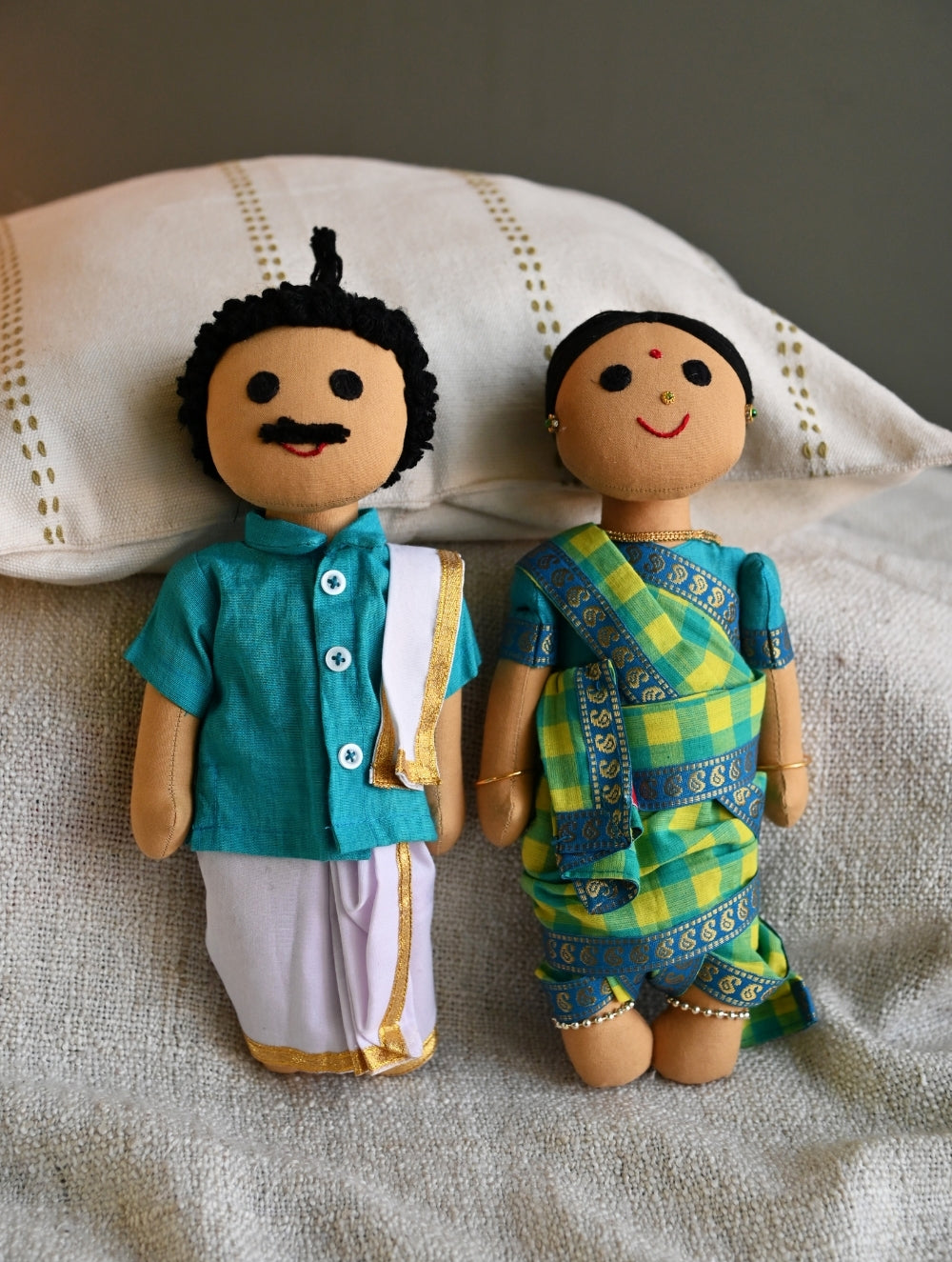 Artisan Handcrafted Indian Couple Fabric Dolls - Shekaran and Mani Meghalai (Set of 2)