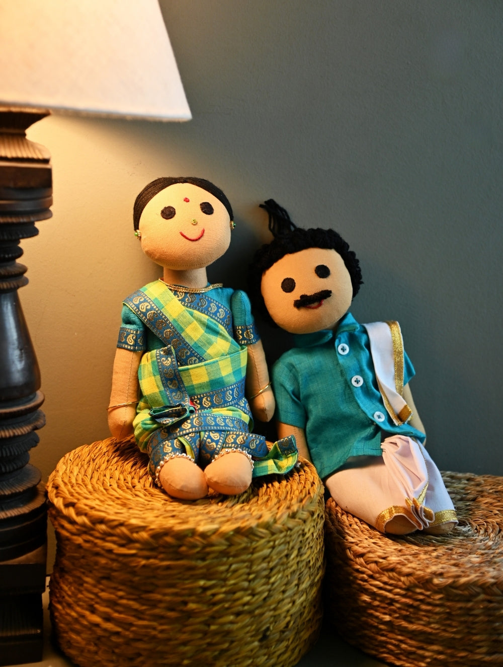 Artisan Handcrafted Indian Couple Fabric Dolls - Shekaran and Mani Meghalai (Set of 2)