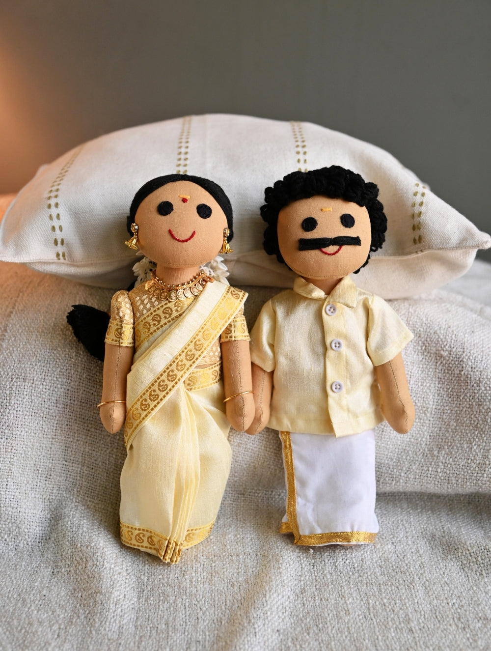 Artisan Handcrafted Indian Couple Fabric Dolls - Omana Kutty and Lalettan (Set of 2)