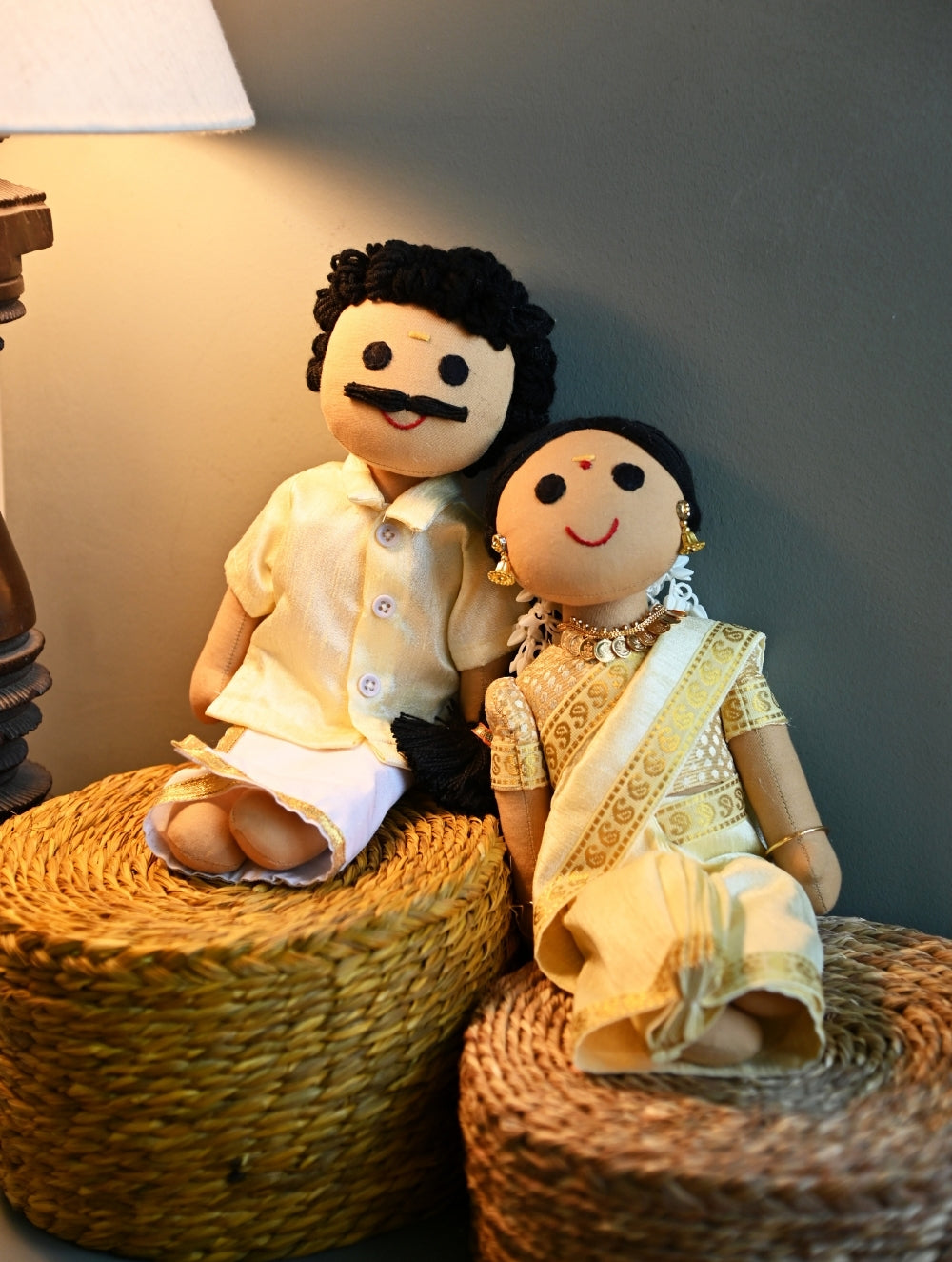 Artisan Handcrafted Indian Couple Fabric Dolls - Omana Kutty and Lalettan (Set of 2)