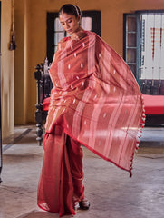 Bengal Vibes. Handwoven Jamdani Soft Mul Cotton Saree - Coral Red