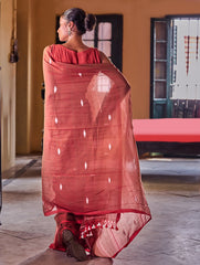 Bengal Vibes. Handwoven Jamdani Soft Mul Cotton Saree - Coral Red