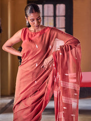 Bengal Vibes. Handwoven Jamdani Soft Mul Cotton Saree - Coral Red