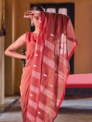 Bengal Vibes. Handwoven Jamdani Soft Mul Cotton Saree - Coral Red