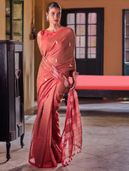 Bengal Vibes. Handwoven Jamdani Soft Mul Cotton Saree - Coral Red
