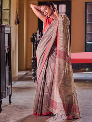 Bengal Vibes. Handwoven Jamdani Soft Mul Cotton Saree - Grey Whisper