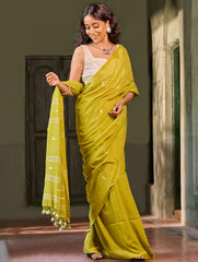 Bengal Vibes. Handwoven Jamdani Soft Mul Cotton Saree - Lime Poetry