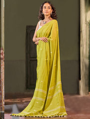 Bengal Vibes. Handwoven Jamdani Soft Mul Cotton Saree - Lime Poetry